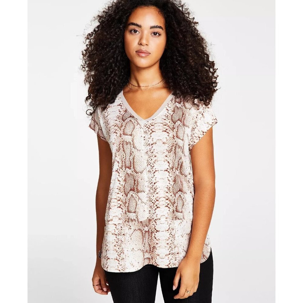 BAR III Women's Snake-Print Mesh-Trim V-Neck Top Size XS